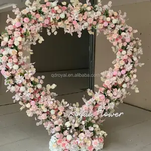 new design hot sale pink white wedding arrangement arch heart shaped backdrop artificial flowers for event decoration