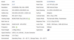 AUO 15 Inch Industrial LCD Modules 1024*768 LCD <b>Panel</b> 1800/800 nits TFT <b>Display</b> G150XTN06.A/ G150XTN06.B/ G150XTN06.C - Product Image 3