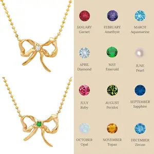 New Design Shinny Zirconia Birthstone Bow Butterfly Gold Plated Stainless Steel Necklace For Women