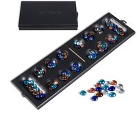 Jeu de société Mancala en bois personnalisé avec plateau de table et 72+8 pierres en verre multicolores bonus pour enfants et adultes, jeu de voyage portable