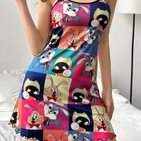 Mini-robe de nuit printemps-été pour femme, gris rayé, imprimé vache, bretelles spaghetti, mignonne, confortable, décontractée, vêtement de détente et de sommeil, 160g, sans col