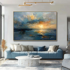 Peint à <span class=keywords><strong>la</strong></span> main acrylique or <span class=keywords><strong>coucher</strong></span> <span class=keywords><strong>de</strong></span> <span class=keywords><strong>soleil</strong></span> océan thèmes salon mur Art décor abstrait paysage marin peintures - Product Image 1