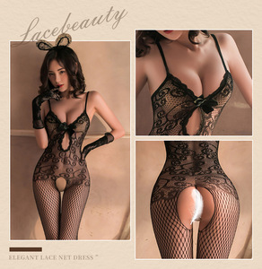 Lencería sexy <span class=keywords><strong>de</strong></span> encaje y malla, tanga con entrepierna abierta, medias transparentes, ropa <span class=keywords><strong>de</strong></span> una pieza, tentación, modelo <span class=keywords><strong>de</strong></span> seducción con escote en V profundo - Product Image 4