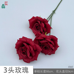 Trois têtes de roses artificielles, tige de 66 cm, diamètre de 9 cm, décoration de mariage, fleur en soie, design réaliste - Product Image 3