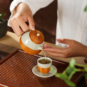 Beixitang Ceramic <b>Tea</b> <b>Set</b> With Bamboo Weave Design One Teapot Two Cups Traditional Chinese Style Porcelain <b>Tea</b> <b>Set</b> - Product Image 2