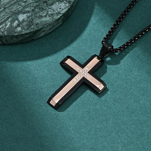 Unisex Black Gold Two-tone Stainless Steel Punk Zircon CZ Stones Geometric Cross Pendant Dainty Chain <strong>Necklace</strong> For Men - Product Image 4