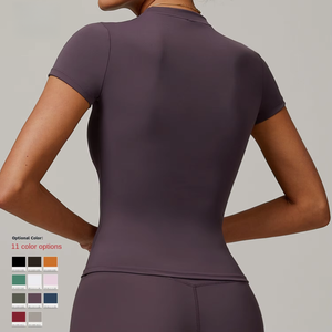 T-shirt de yoga respirant et anti-transpiration en spandex/nylon, coupe ajustée, séchage rapide, manches courtes, col rond, haut de fitness, chemisier - Product Image 3