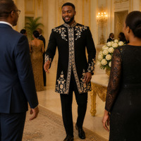 YSYL Nouveaux ensembles décontractés 2 pièces pour hommes musulmans africains noirs, Kaftan Dashiki brodé, haut à manches longues et pantalon