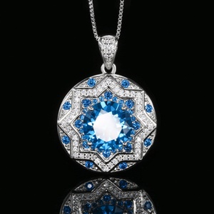 Fashion Eco-friendly Copper Round Cut 10-8mm Blue Cubic Zirconia Necklace and <b>Earring</b> Ring Temperament Jewelry Set for Women - Product Image 5