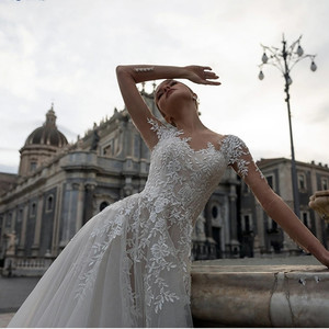 A-Line Chiffon Wedding Dress With Embroidery V-Neck White Bridal Gown Natural Waist Simple Style - Product Image 3