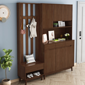 Nordic Solid Wood <b>Shoe</b> Cabinet Multi Functional Entryway Storage With Bench And <b>Hooks</b> For Home Front Door Use - Product Image 3