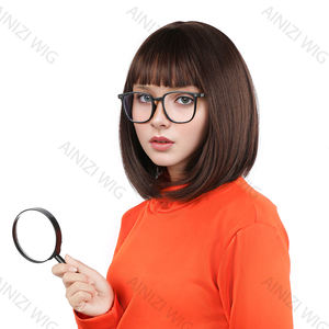 Peluca Ainizi de 12 Pulgadas, Estilo Bob Corto con Flequillo, Color Castaño Oscuro, para Cosplay de <span class=keywords><strong>Velma</strong></span> de Scoob - Product Image 3