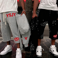 Vêtements YSJY Y2k Streetwear pour hommes, ensemble de survêtement deux pièces personnalisé avec strass de luxe, veste zippée et short de jogging effet délavé