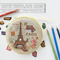 Nouvelle pochette à monnaie ronde en fer blanc avec fermeture éclair, motif Tour Eiffel, style dessin animé mignon, unisexe et tendance