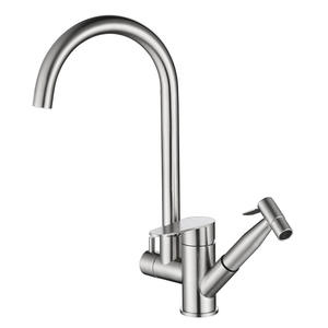 304 Stainless Steel Single-hole Cold and Hot Brushed Nickel-colored Kitchen Pull-out Rotating <b>Spray</b> Gun Faucet - Product Image 1
