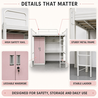 Lit mezzanine en métal rose et bleu pour enfants avec bureau, lit superposé en acier mignon avec armoire et barrière de sécurité pour chambre d'enfant