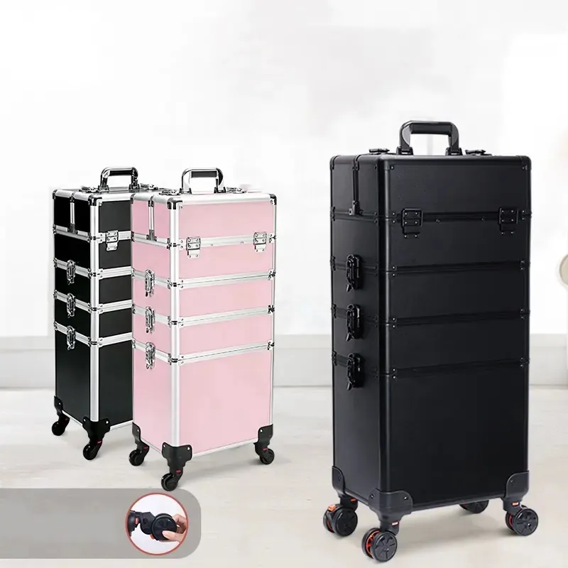 Professionele 4 In 1 Grote Aluminium Make-Up Train Case Nagellak Organizer Afsluitbare Reis Rollende Make-Up Trolley Case