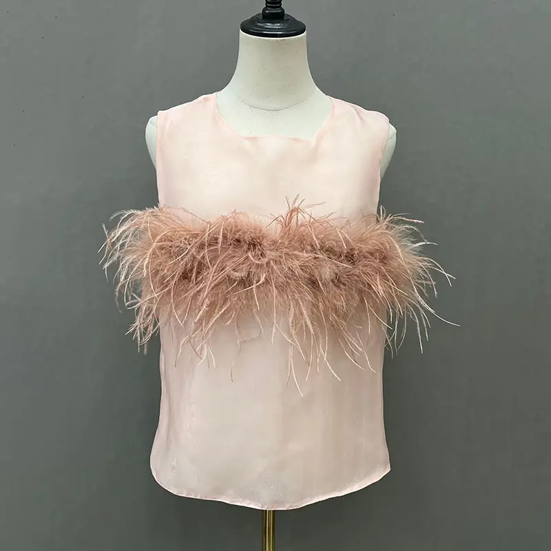 2023 Women Solid Color Ostrich Feather Trimming Organza Top Elegant Tank Tops