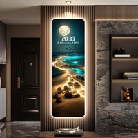 Jam Dinding Digital Motif Ombak Laut dengan Lampu, Dekorasi Pintu Masuk, Lukisan Hiasan Ruang Tamu, Fungsi USB/Colokan Listrik, Dekorasi Rumah