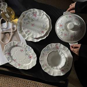 Nuevo tazón de sopa de cerámica de doble oreja floral romántico retro francés con tapa, frutero, tazón de almacenamiento, uso doméstico - Product Image 1