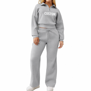 Conjunto Deportivo de 2 Piezas para Mujer, Color Gris, Sudadera Corta con Cierre de Cremallera, Pantalones Anchos con Cordón, Corte Holgado Informal para Todas las Temporadas - Product Image 1
