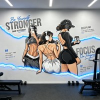 Papier peint mural personnalisé géométrique moderne pour salle de sport, illustration femme fitness, bleu électrique, effet graffiti, pour salle de sport commerciale