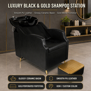 Unité de lavage de <span class=keywords><strong>cheveux</strong></span> professionnelle de luxe <span class=keywords><strong>pour</strong></span> salon de coiffure, fauteuil de lavage inclinable avec pieds dorés et repose-pieds doré indépendant - Product Image 2