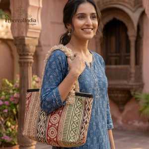 Sac fourre-tout bohème en coton fait main, motif tribal, avec poignée à franges, vente en gros, export Inde - Product Image 4