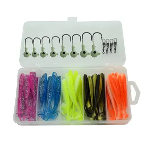 37 teile/schachtel kit rock & meer & locken angeln blei kopf haken & T schwanz weiche wurm grub locken pesca bass fishing köder box combo set