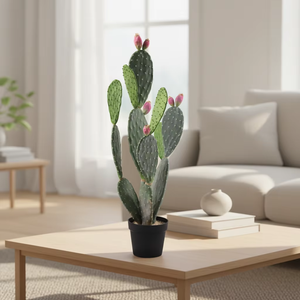 Cactus artificiel de style <span class=keywords><strong>Opuntia</strong></span> avec des boutons roses à double tonalité dans un <span class=keywords><strong>pot</strong></span> noir, fausse plante du désert haute pour la maison et le bureau - Product Image 2