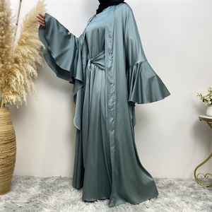 1925# Smooth Satin <b>Abaya</b> Set Elegant Two Pieces Sets Long Sleeve Inner Wrap Dress Plus Open <b>Abaya</b> Sets for Muslim Ladies - Product Image 2