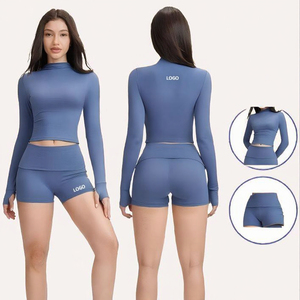 Ensemble de fitness côtelé sans couture pour femme : Soutien-gorge de sport à encolure ajustée et leggings de yoga assortis – Tenue de sport unie - Product Image 3