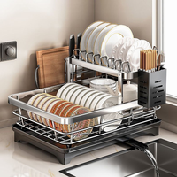 Égouttoir à vaisselle double niveau en acier inoxydable 201 robuste pour la maison, avec bac de récupération des eaux détachable, design moderne et minimaliste, multifonctionnel pour la cuisine