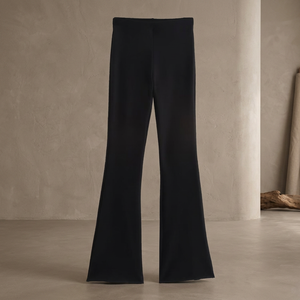 Black Breathable <b>Elastic</b> Waist Mid Flat Front Full Length Casual Autumn Fashion Long Flare Pants Garment Dyed 100% Women - Product Image 3