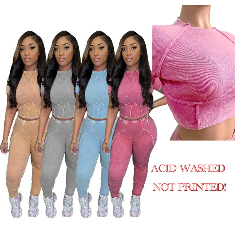 Acid Washed Cotton Distressed Ribbed Crop Top Short Sleeve Trousers Pant Set Women Casual Two Piece Set 2 Pieces Outfits