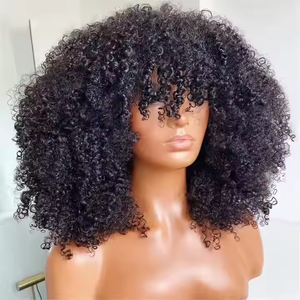 Abordable haute densité <span class=keywords><strong>Afro</strong></span> crépus bouclés <span class=keywords><strong>perruque</strong></span> avec frange Non dentelle couleur naturelle vierge perruques de cheveux humains en gros court Bob perruques - Product Image 3