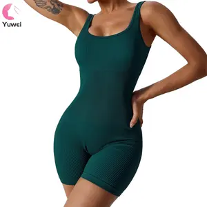 Women's Yoga Rompers Ribbed 1 Piece Spaghetti Straps Sleeveless Workout Romper Yoga Jumpsuit