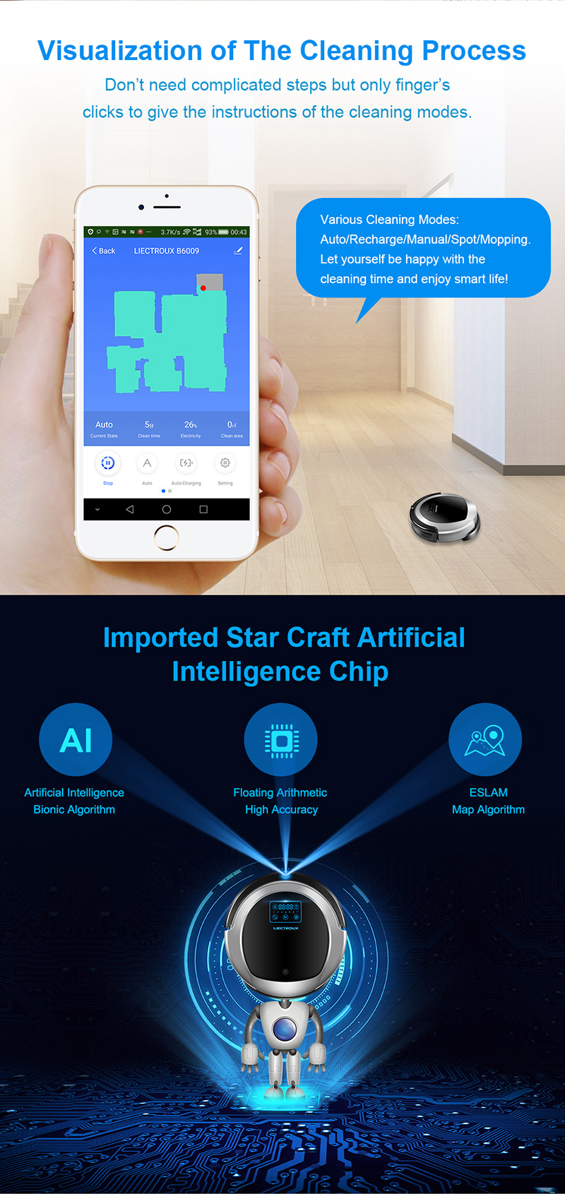 Liectroux — aspirateur à mémoire intelligente B6009, appareil à double lumière UV, navigation par cartes, wifi, contrôle par application