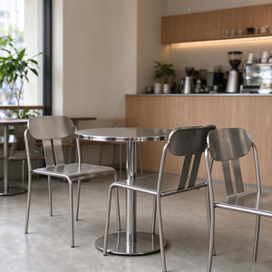 Muebles de Restaurante Modernos, Mesa Redonda de Acero Inoxidable Industrial y Juego de Taburetes Metálicos - Product Image 4