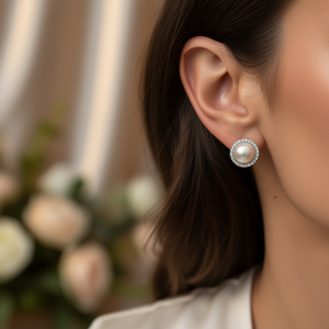 Pendientes de oro blanco E2316 con perla de imitación y engaste de diamantes para mujer, joyería clásica de moda para bodas. - Product Image 2