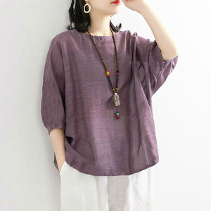 Women's Loose Solid Color Imitation Cotton <b>Linen</b> Short Sleeve T-Shirt <b>Top</b> Casual Summer <b>Plus</b> <b>Size</b> Pink - Product Image 3