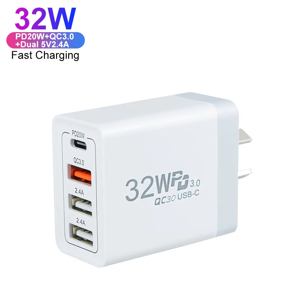 Austria AU PLUG 4พอร์ต32W USB C 20W PD + QC3.0ชาร์จไว Type C ที่ชาร์จติดผนังสำหรับ Apple iPhone 13 14 15 Pro