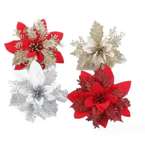 Glitter Christmas Poinsettia Faux Flower Artificial Xmas Tree Ornaments Christmas Wreath Accessories