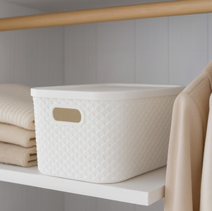 Cestas de almacenamiento de plástico <span class=keywords><strong>con</strong></span> <span class=keywords><strong>tapa</strong></span> Contenedores organizadores apilables para despensa Almacenamiento doméstico versátil para juguetes Ropa y más - Product Image 6