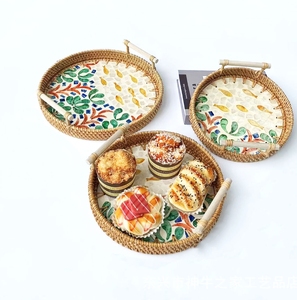 3Pcs Thiết Kế Sang Trọng Tự Nhiên Mây Seashell 22Cm 24Cm 28Cm Bàn Cà Phê Thực Phẩm Ăn Nhẹ Trái Cây Phục Vụ Khay Với Tay Cầm Bằng Gỗ - Product Image 4