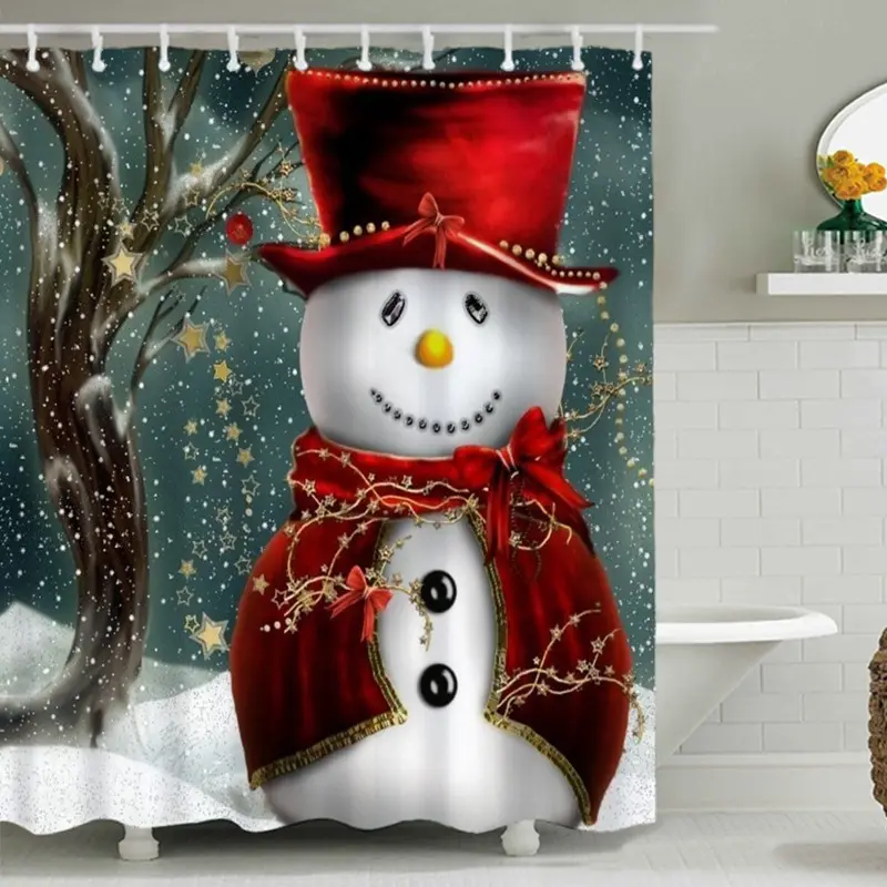 स्नोमैन शावर परदा डिजाइन, प्रिंट कपड़े क्रिसमस पर्दे के स्नान सेट #