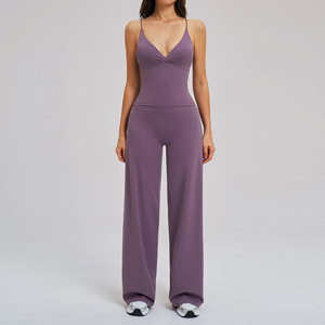 Set Yoga da Donna Due Pezzi in Nylon Spandex, Top Corto Senza Schienale e Pantaloni a Vita Alta a Gamba Larga, Asciugatura Rapida, Completo Sportivo Coordinato - Product Image 2