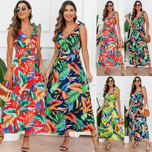 אופנה חדשה חוף הוואי פרחוני מודפס ללא שרוולים צוואר V ארוך מקסי שמלת נשים