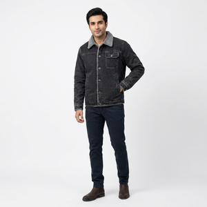 Wholesale Men's Autumn Denim <b>Jacket</b> Windproof <b>Thick</b> <b>Fleece</b> Warm Vintage Hooded Stand Collar Front Logo Casual <b>Jacket</b> - Product Image 1