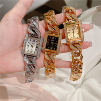 Montre-bracelet à quartz pour femme avec logo personnalisé, bracelet cubain, étiquette privée, OEM, ODM, strass, alliage, rectangle, faible MOQ